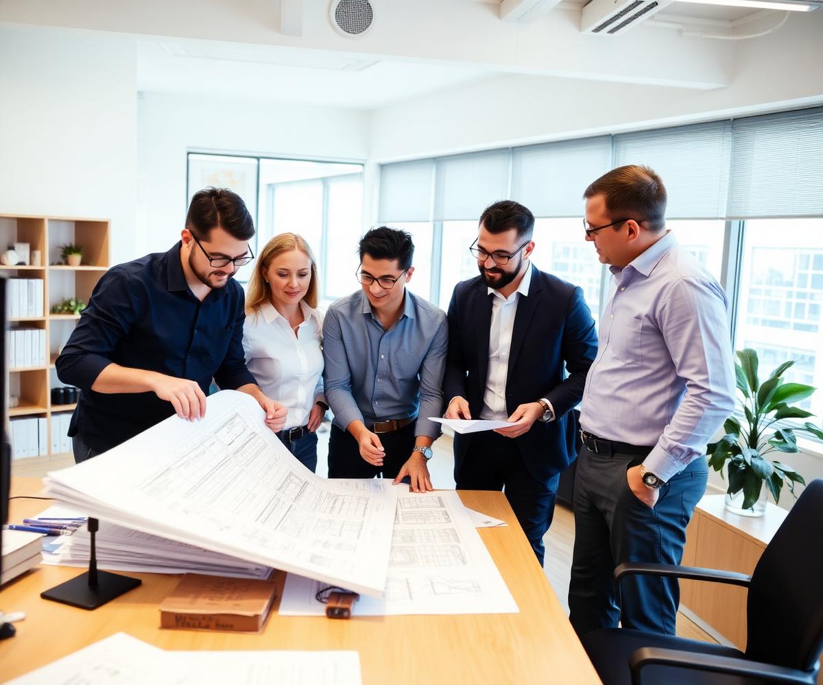 Engineers reviewing blueprints in a bright studio