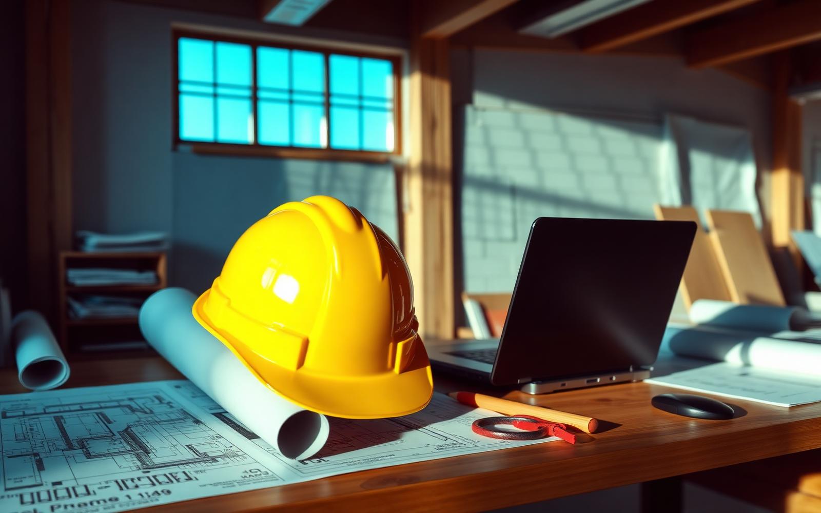 Blueprints, drafting tools and a hard hat on an architect's desk