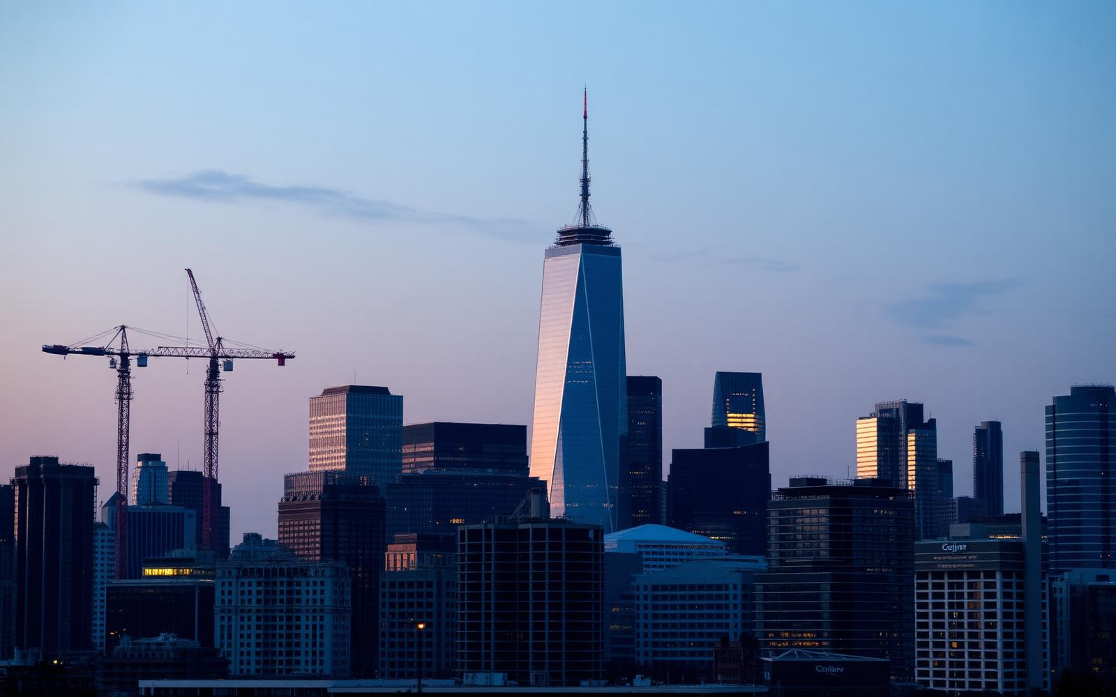 City skyline at dusk with construction cranes