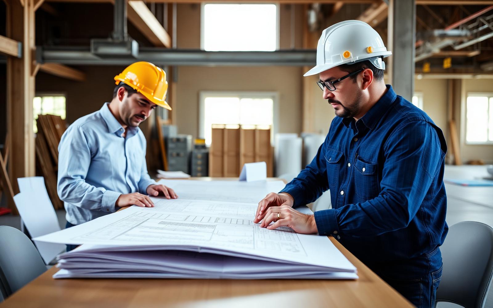 Architects reviewing permit drawings on site