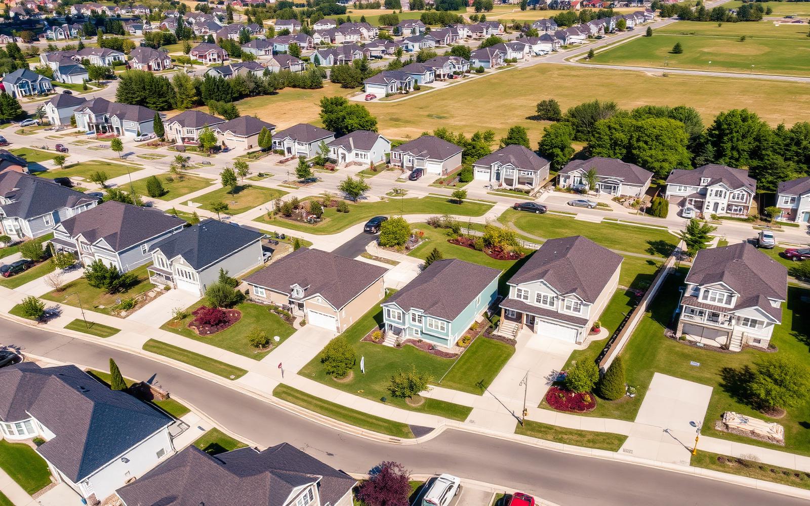 Aerial view of an American residential neighborhood